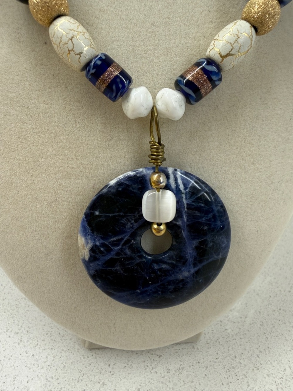 Sodalite Pi Stone Necklace with Lampwork Glass Beads - Picture 4 of 6
